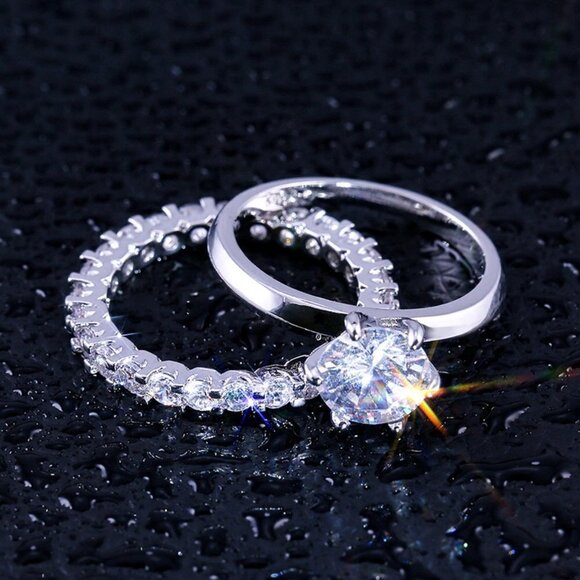 Beautiful 925 Silver Plated 2 Pcs CZ Wedding Ring, FB16FA1067 - Picture 2 of 7